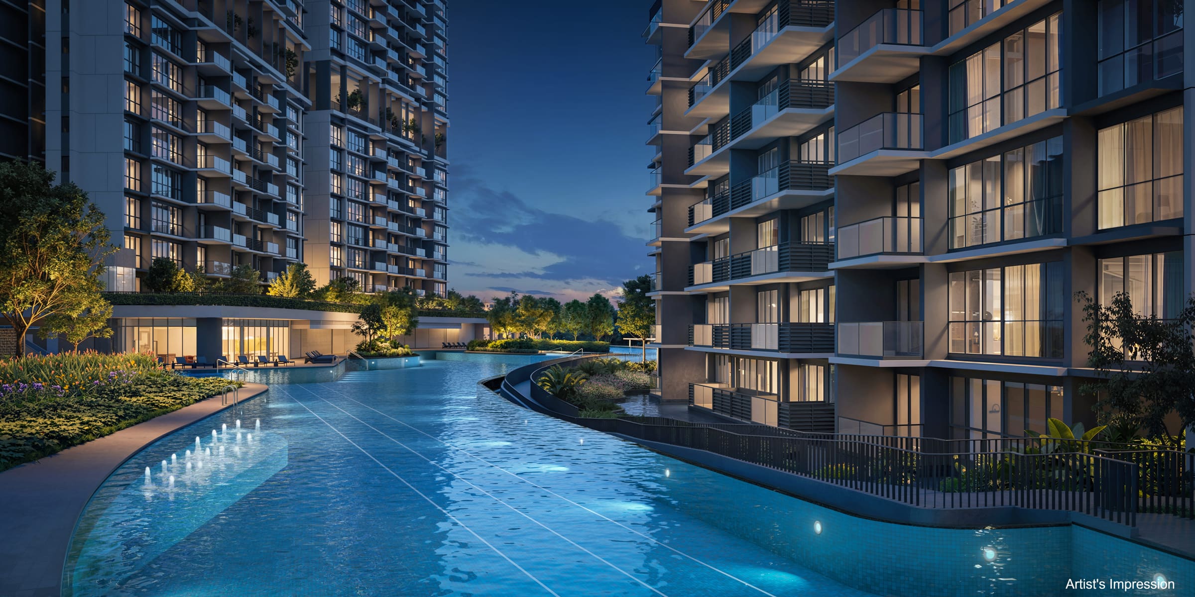 Artist's impression of Lentor Gardens Residences exterior and pool deck — for illustration purposes only